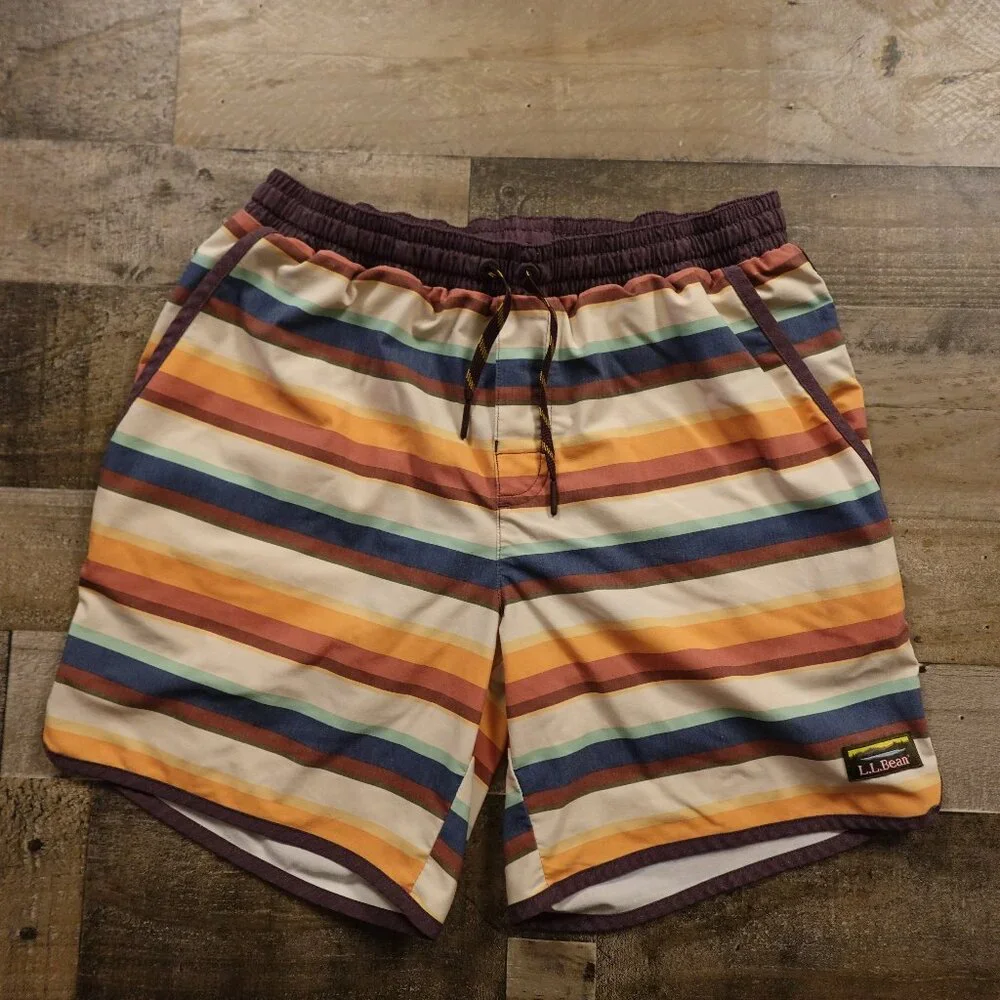 L.L.Bean All-Adventure‎ Swim Shorts Men’s Medium Multicolor Stripe 7” Inseam